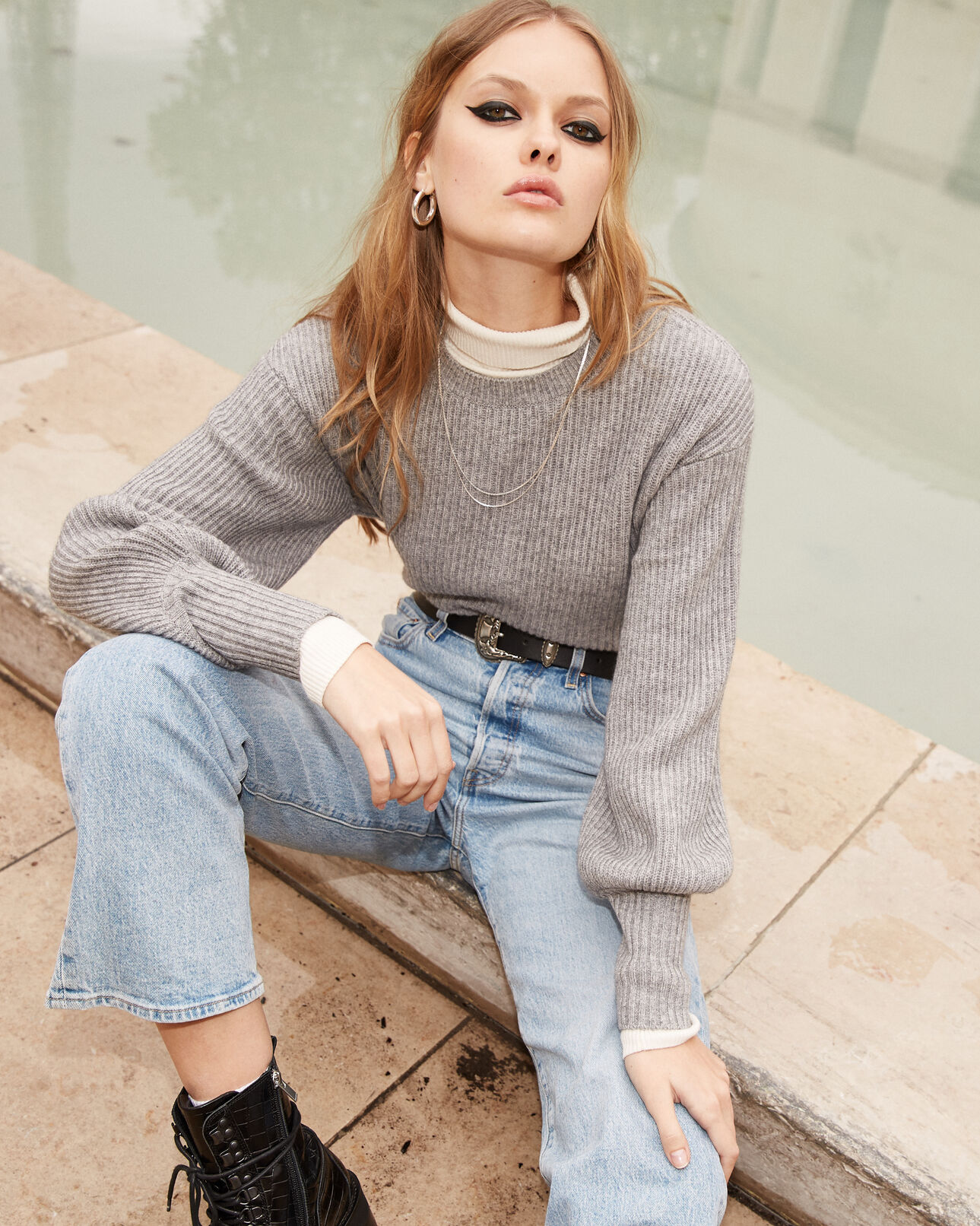 The Kooples DAMEN GREY grauer pullover mit feiner rippung