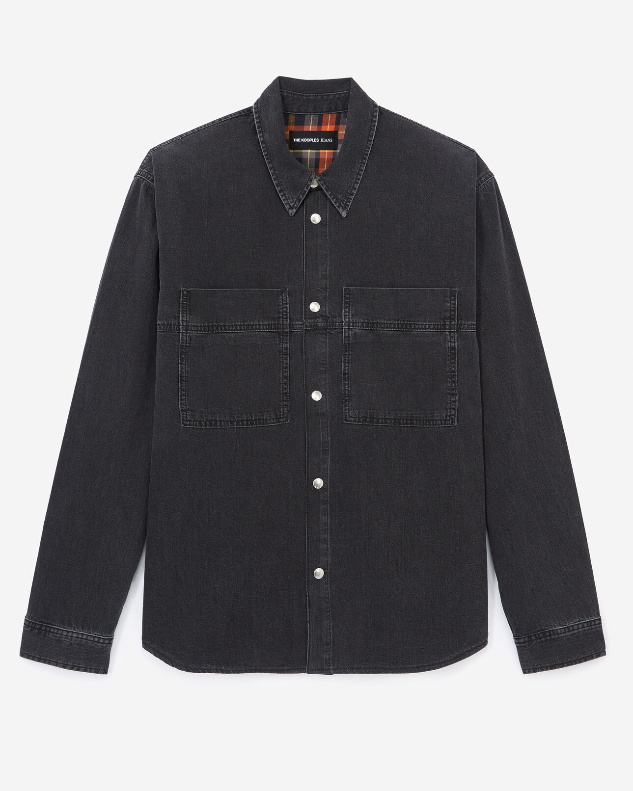The Kooples HOMME BLACK WASHED chemise jean noir à doublure carreaux