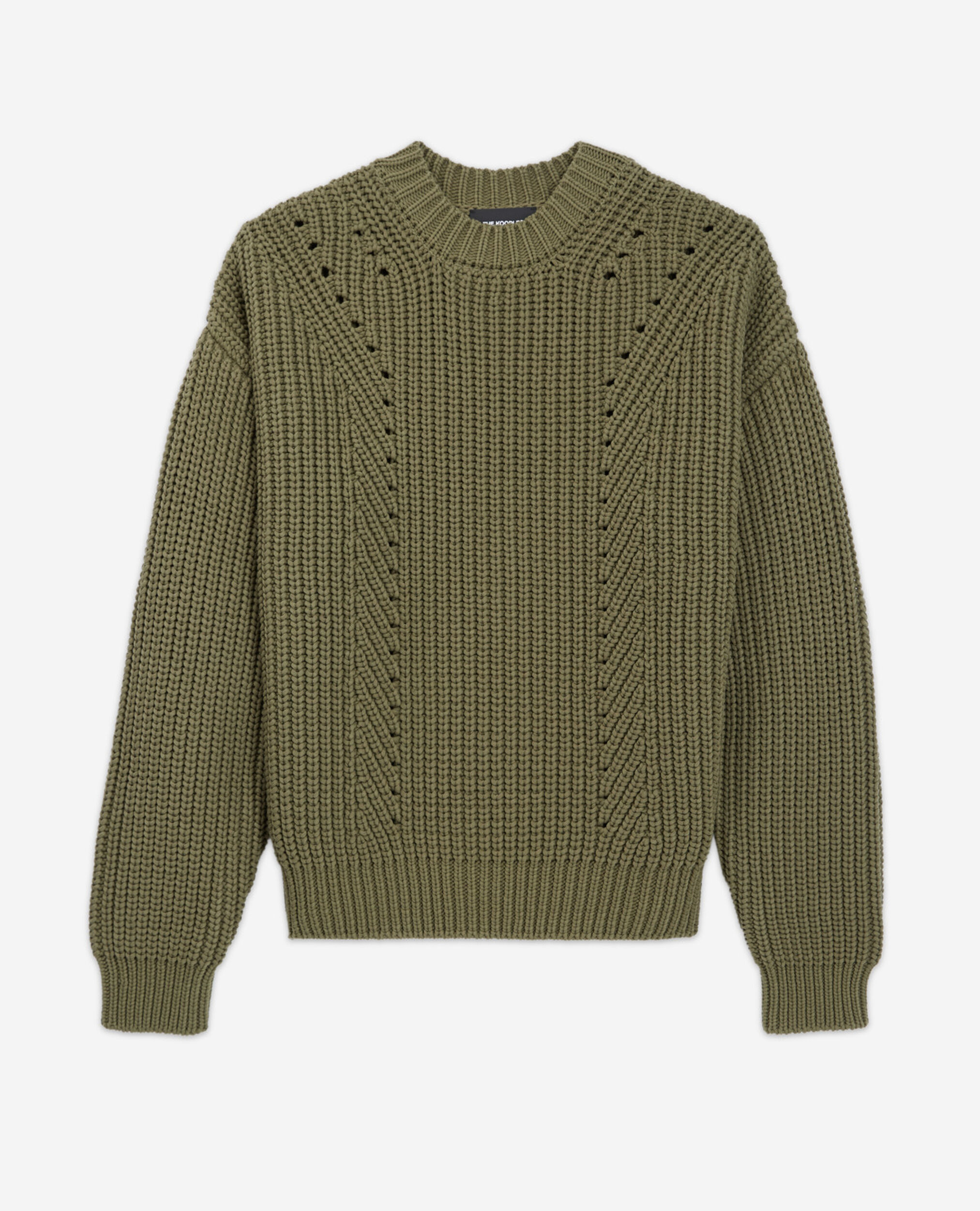 Openwork detailing loose-fit khaki cotton sweater, KAKI, hi-res image number null