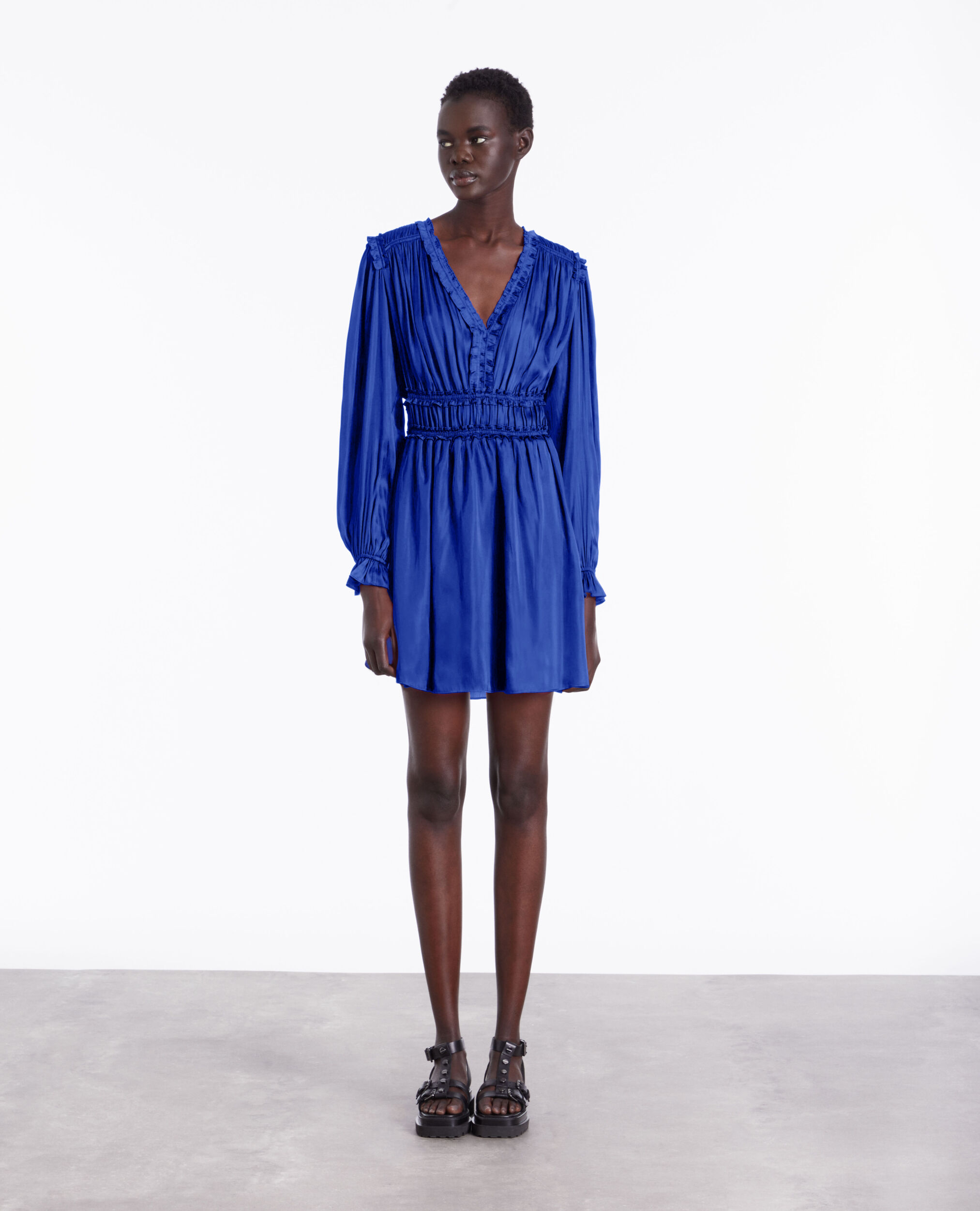 Blaues kurzes Kleid mit Raffungen, NAVY, hi-res image number null