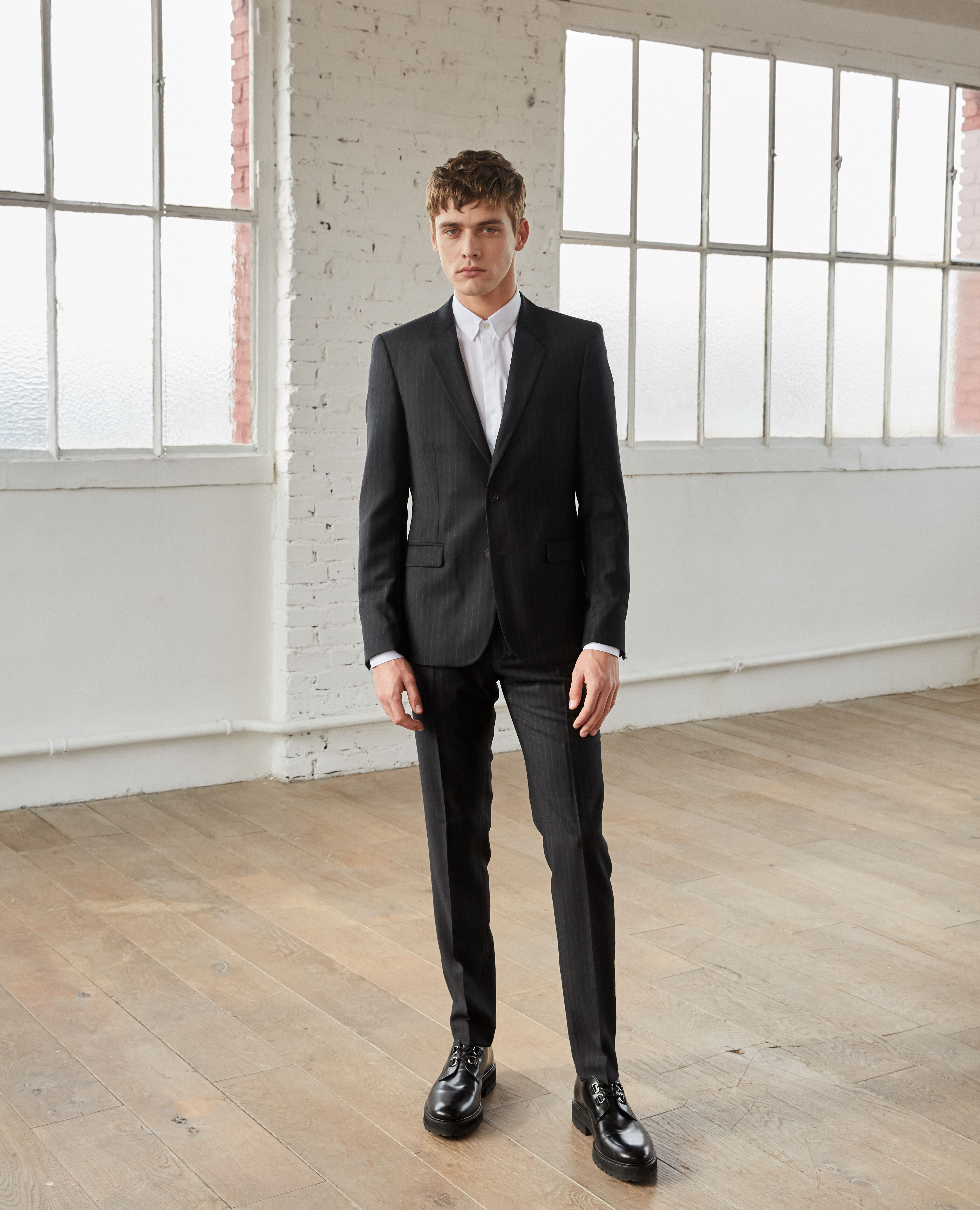 Black wool suit jacket with white stripes