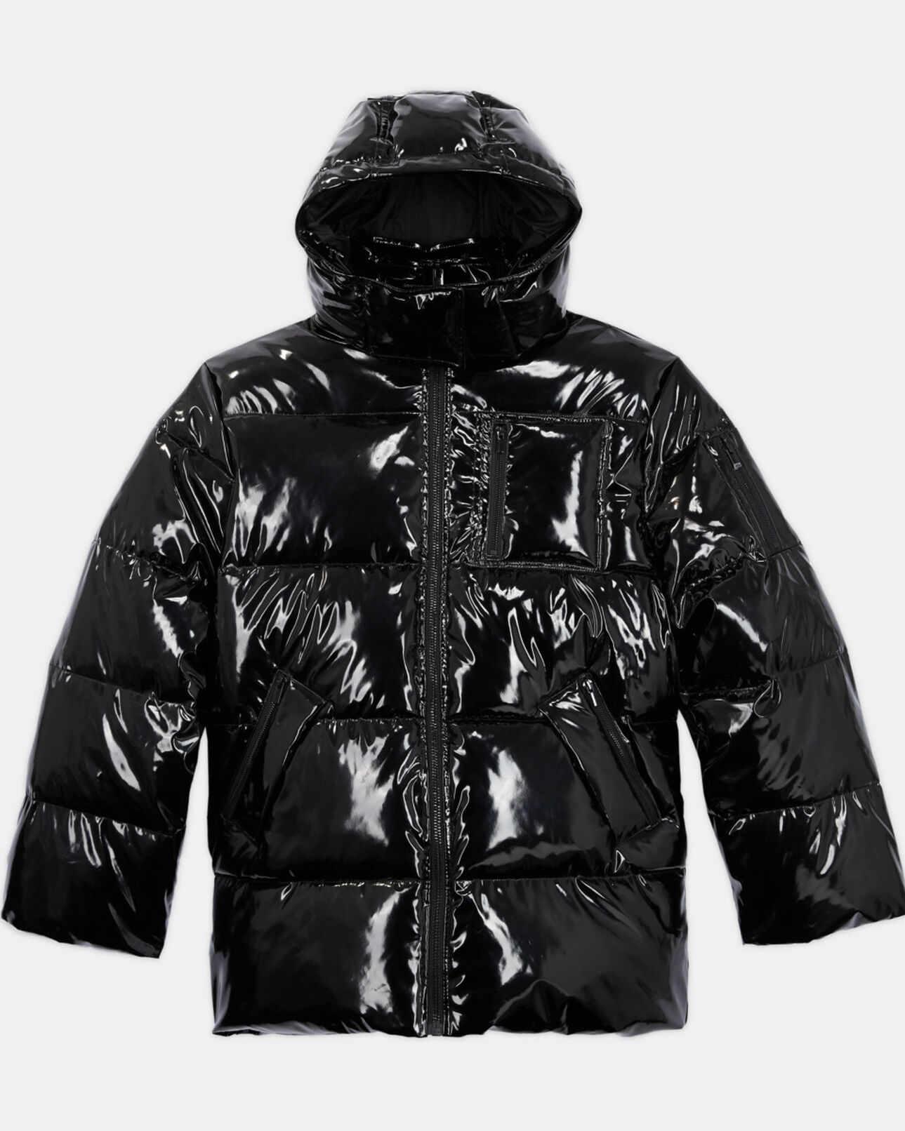 The Kooples WOMEN BLACK black oversized vinyl down jacket with straps and logo