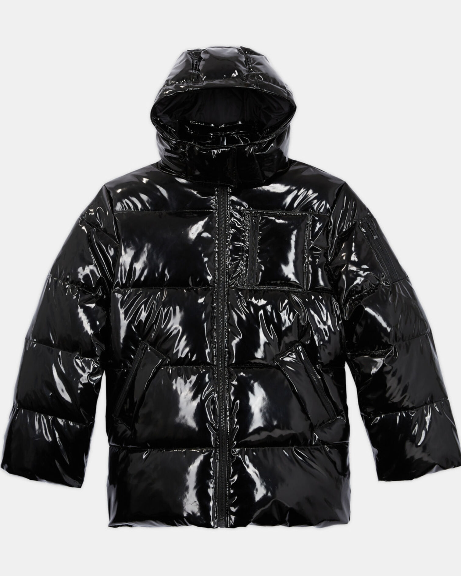 Black oversized vinyl down jacket with straps and logo, BLACK, hi-res image number null