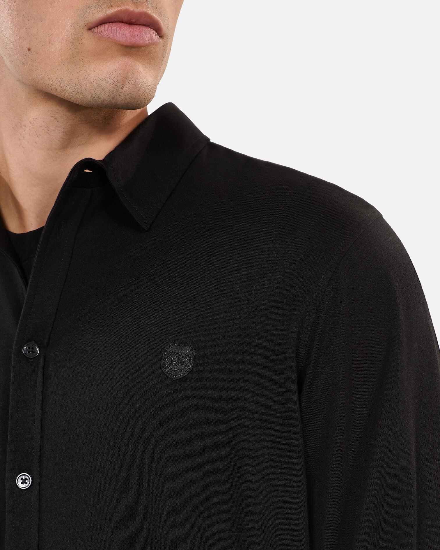 Black shirt-style long-sleeved t-shirt, BLACK WASHED, hi-res image number null