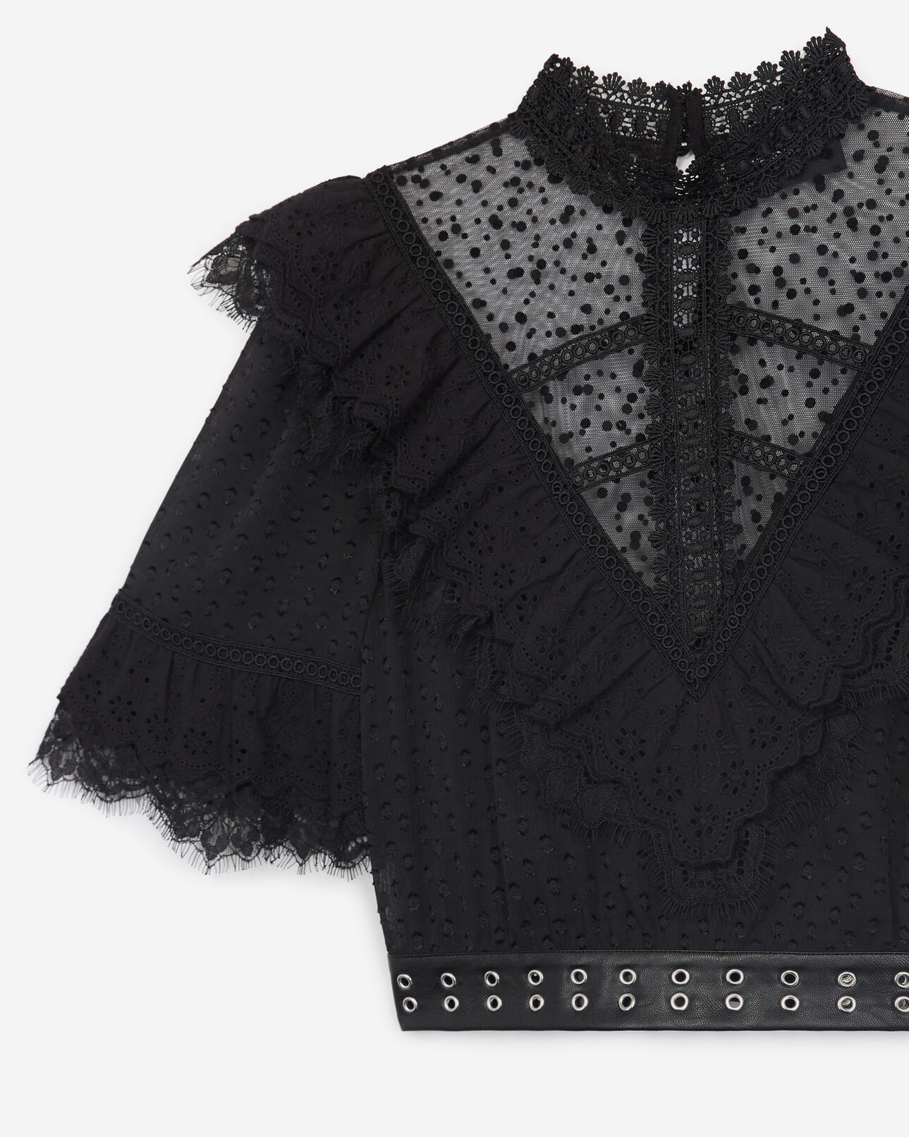 The Kooples MUJER BLACK top negro encaje plumeti cinturón piel