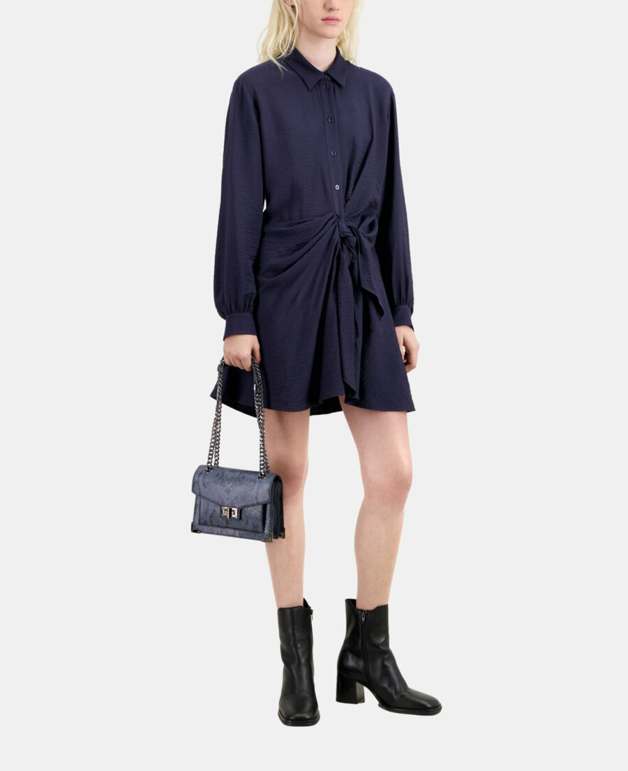 short navy blue dress with draping