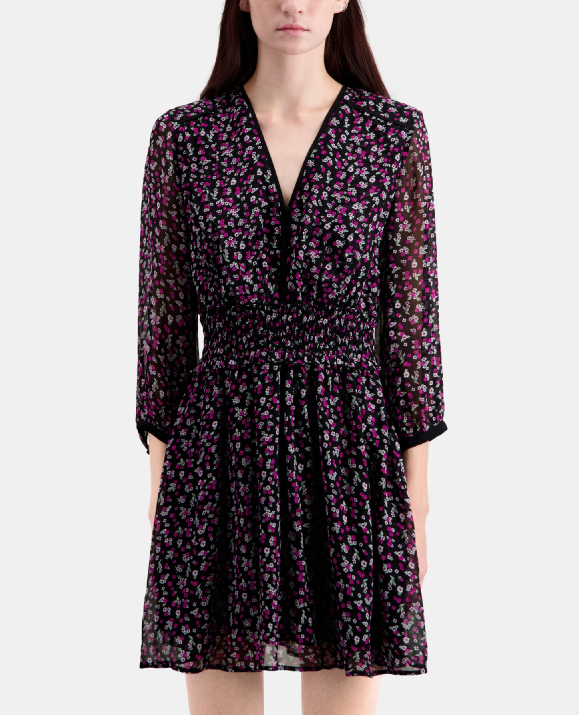 Vestido corto estampado fruncidos, BLACK / PINK, hi-res image number null