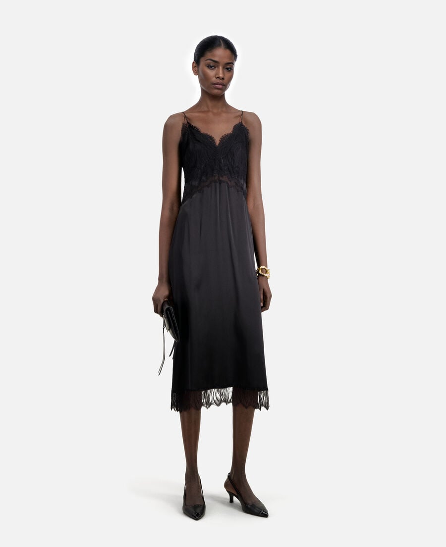The Kooples DAMEN BLACK langes, schwarzes babydollkleid aus seide
