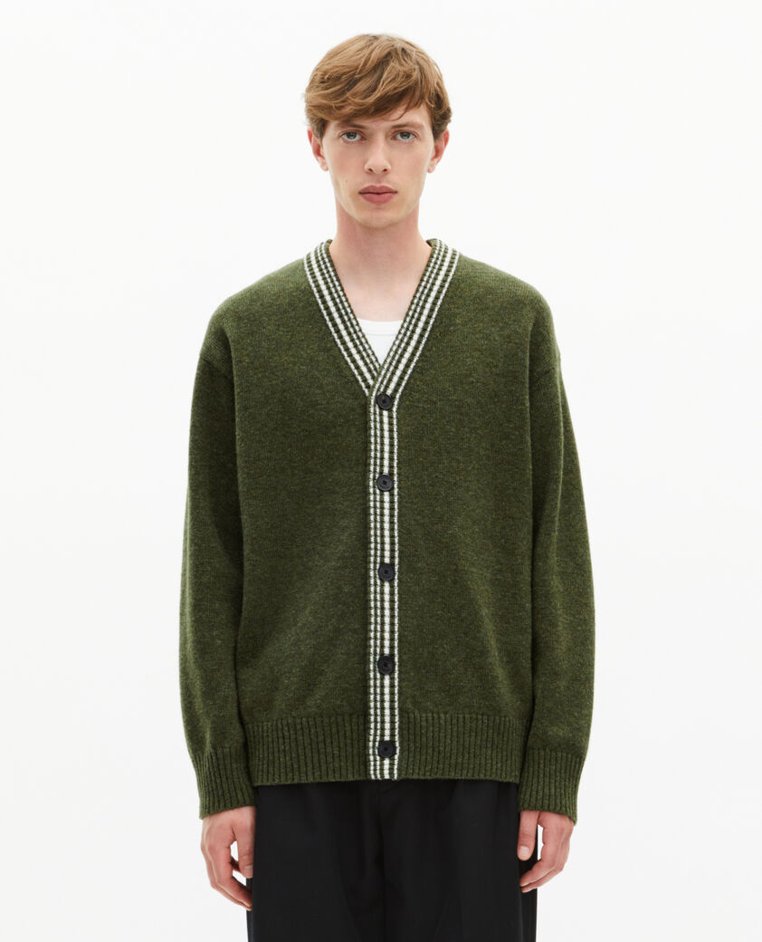 The Kooples HOMME GREEN cardigan en laine &agrave; rayures contrast&eacute;es kaki