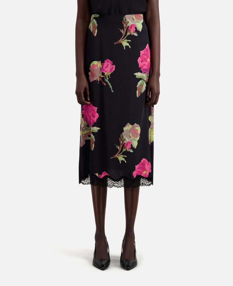 The Kooples WOMEN PINK BLACK long printed silk skirt with lace