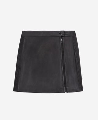 The Kooples WOMEN BLACK short black leather skirt with zip and pintuck details