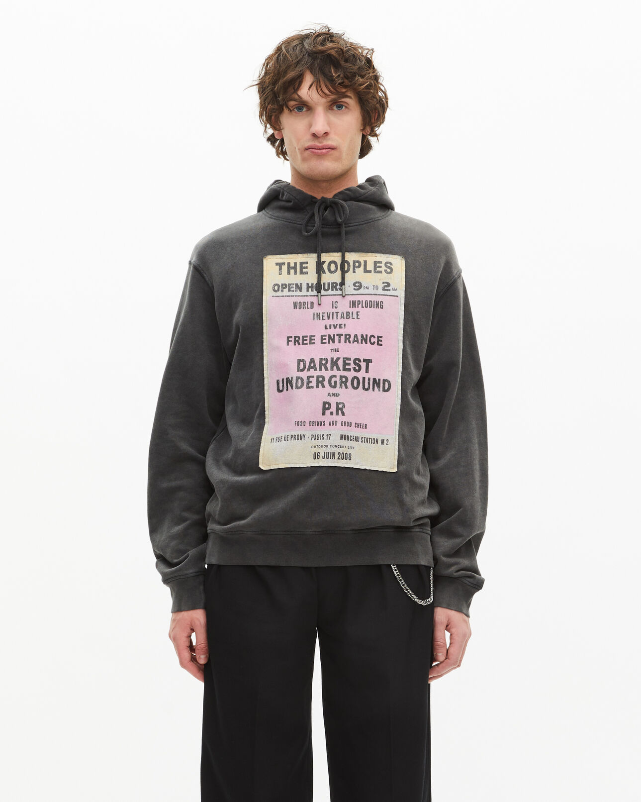 The Kooples MEN BLACK WASHED hooded sweatshirt with black screen print