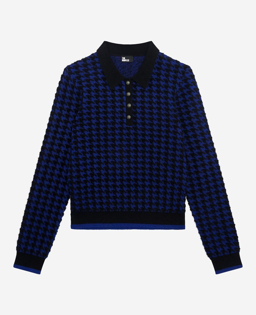 The Kooples FEMME BLACK NAVY pull col polo en pied de poule en laine m&eacute;lang&eacute;e bleu