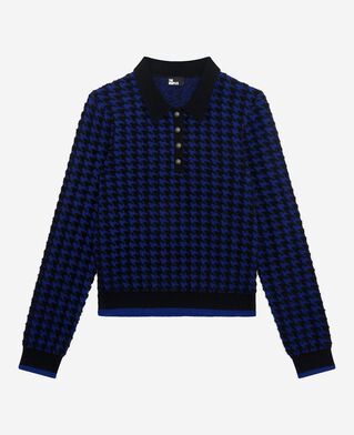 The Kooples FEMME BLACK NAVY pull col polo en pied de poule en laine m&eacute;lang&eacute;e bleu