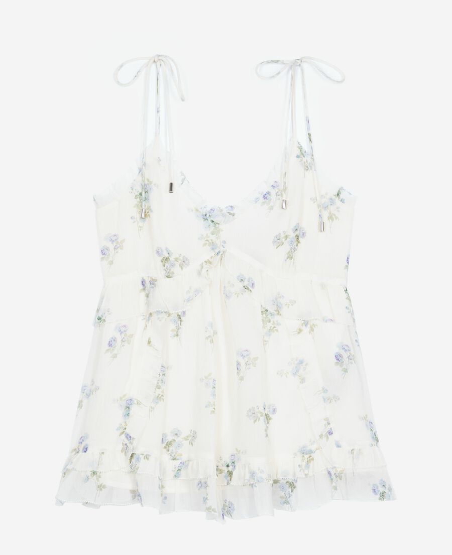 The Kooples FEMME WHITE / SKY BLUE top &agrave; volants imprim&eacute; fleuri blanc