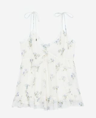 The Kooples FEMME WHITE / SKY BLUE top &agrave; volants imprim&eacute; fleuri blanc