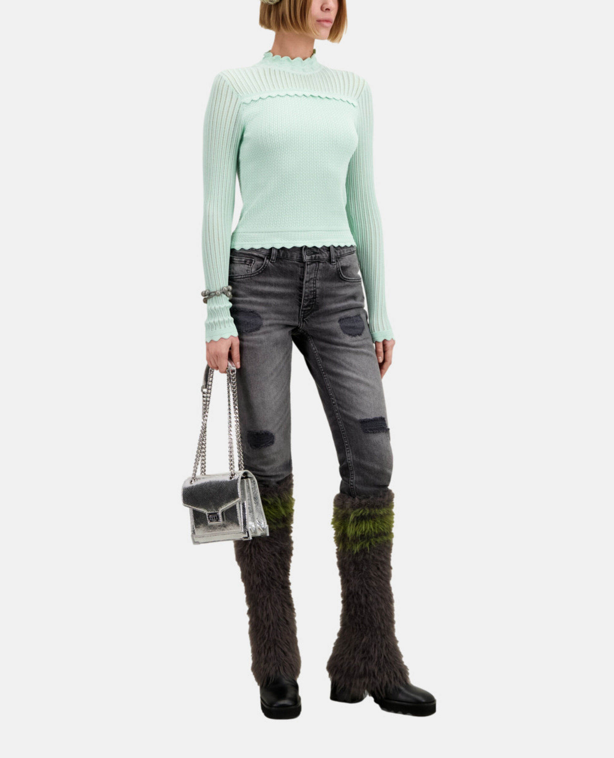 Cropped almond green sweater in openwork knit, OCEAN, hi-res image number null