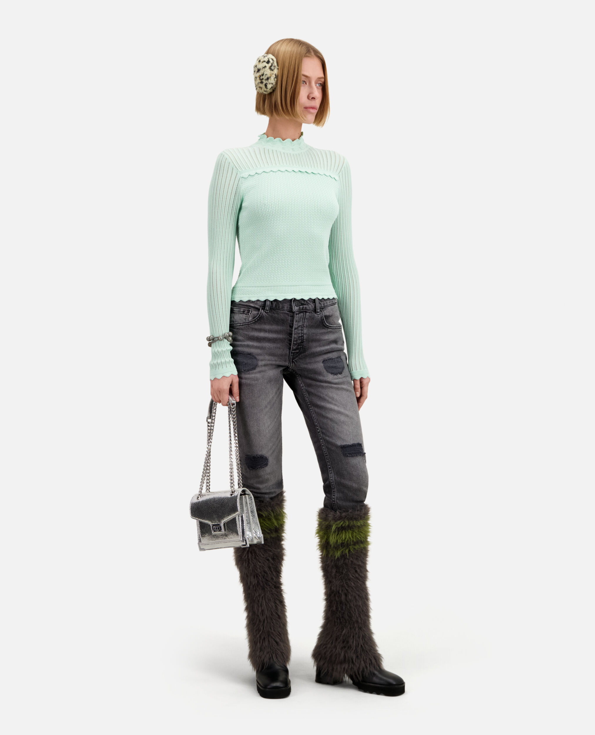 Cropped almond green sweater in openwork knit, OCEAN, hi-res image number null