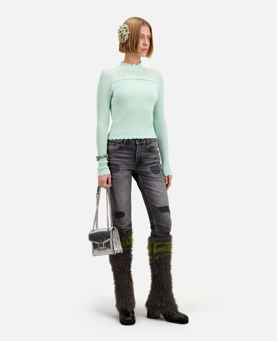 cropped almond green sweater in openwork knit