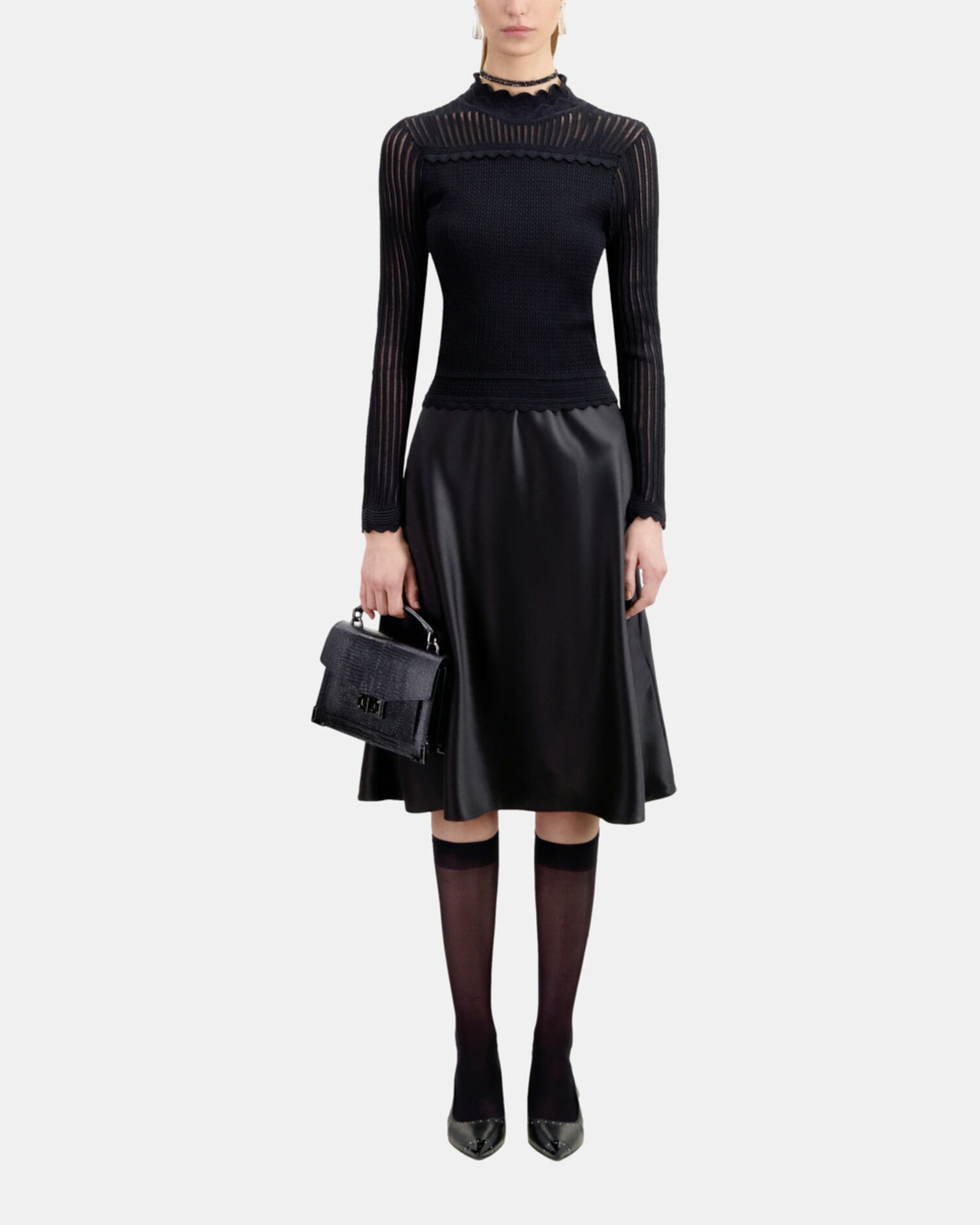 Cropped black openwork mesh sweater, BLACK, hi-res image number null