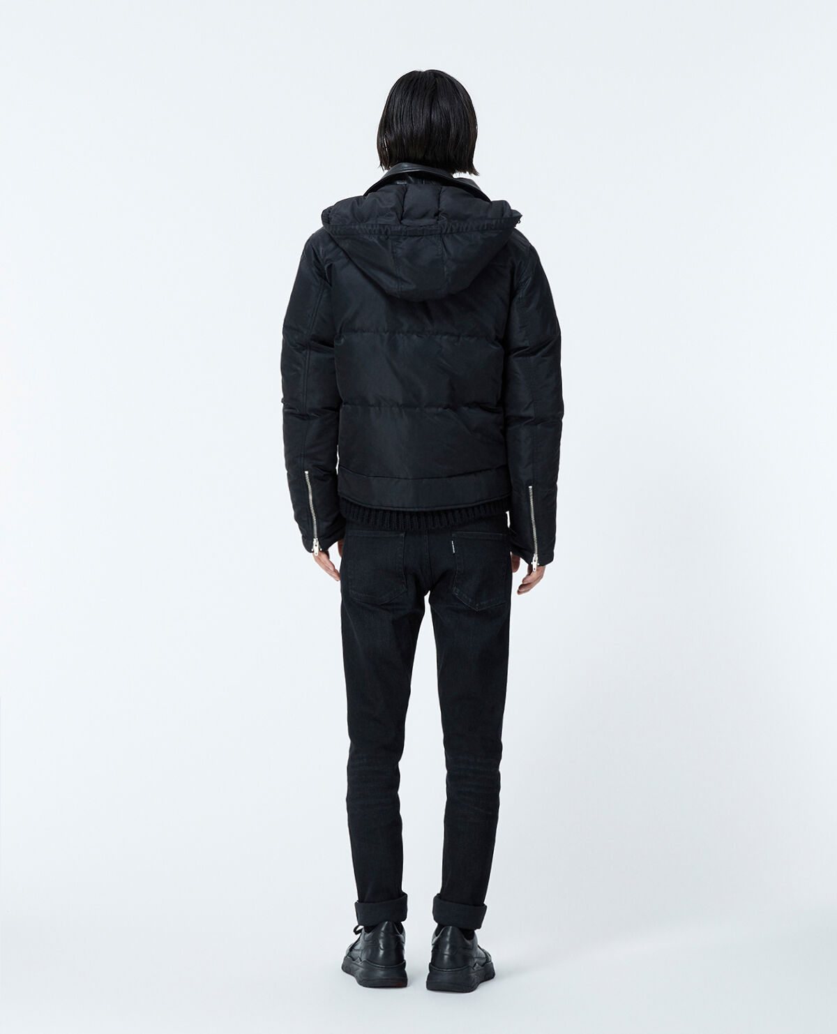 Quilted black down jacket with leather detail The Kooples US