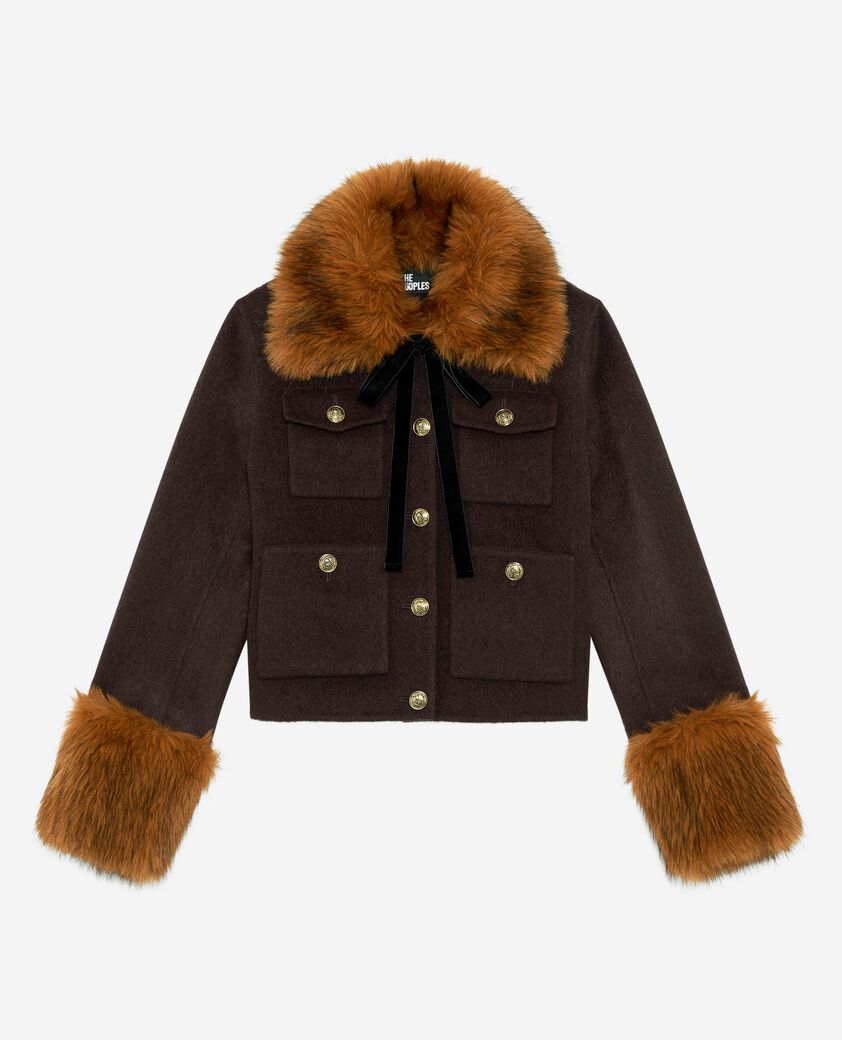 The Kooples FEMME CHOCOLATE blouson court en laine col sherpa marron