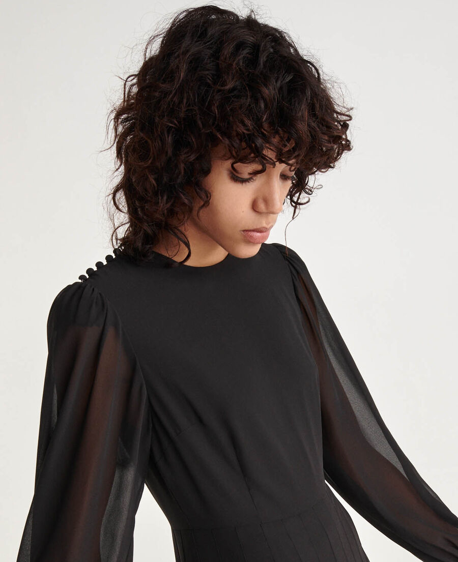 pleated long black dress w/ shoulder buttons