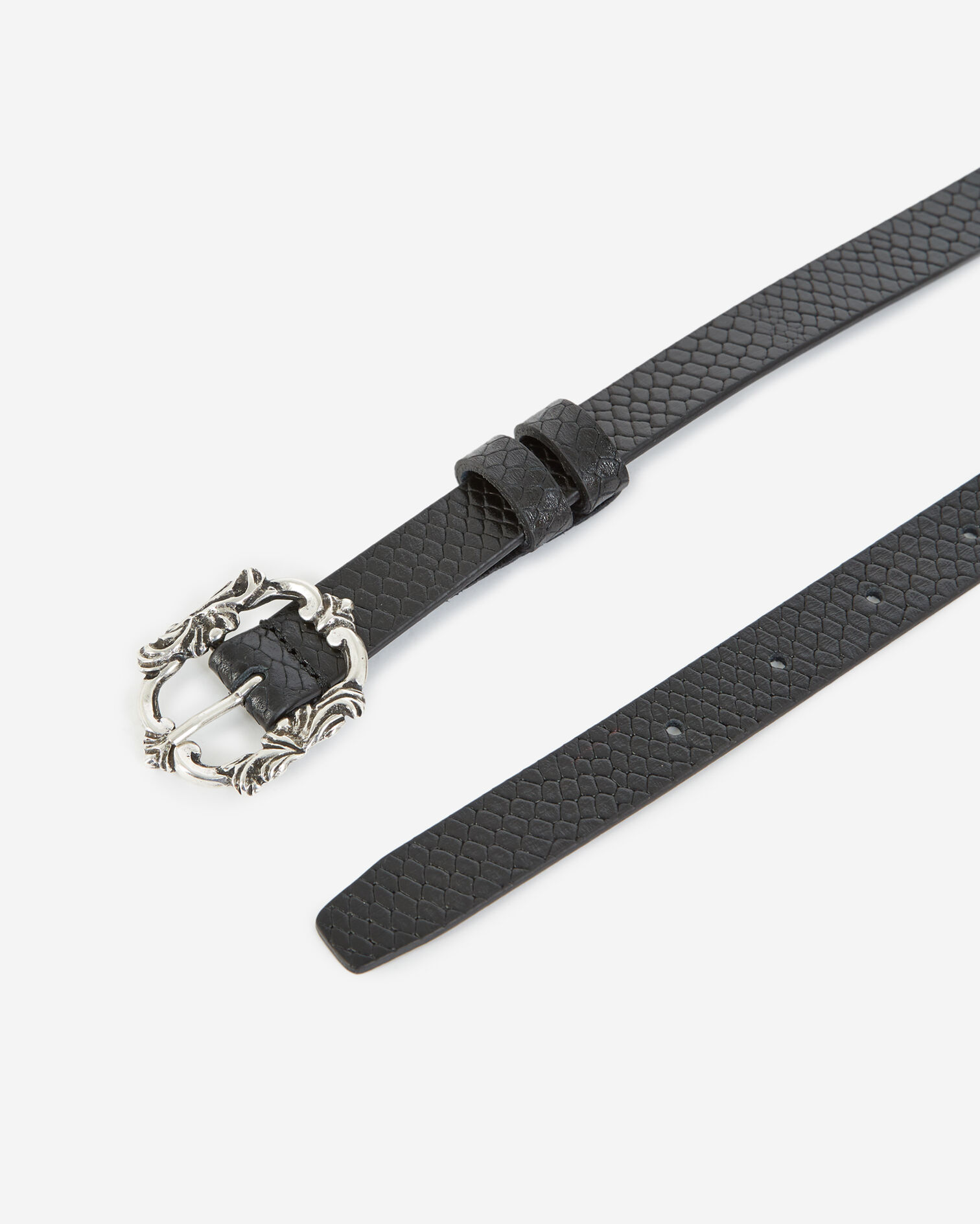 Skinny snake-effect black leather belt, BLACK, hi-res image number null