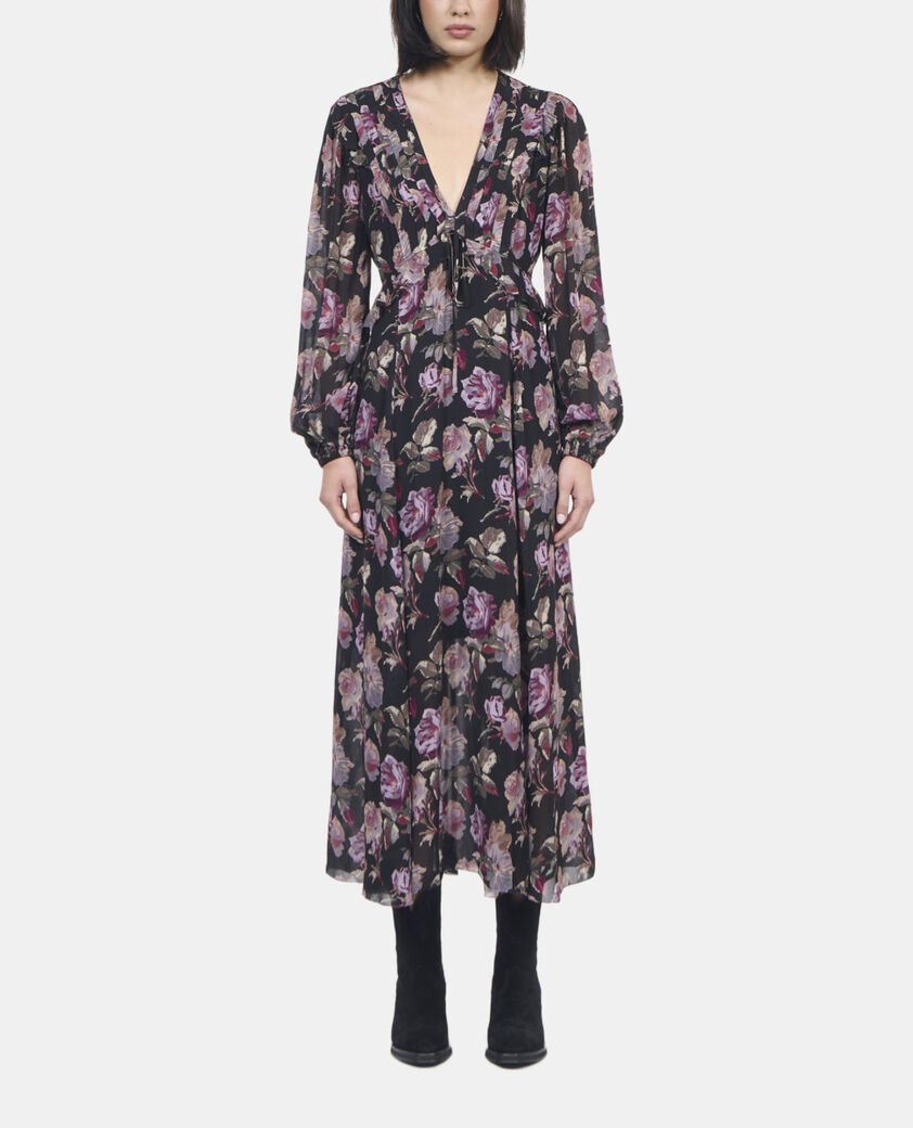The Kooples FEMME BLACK / PURPLE robe longue imprim&eacute; fleuri