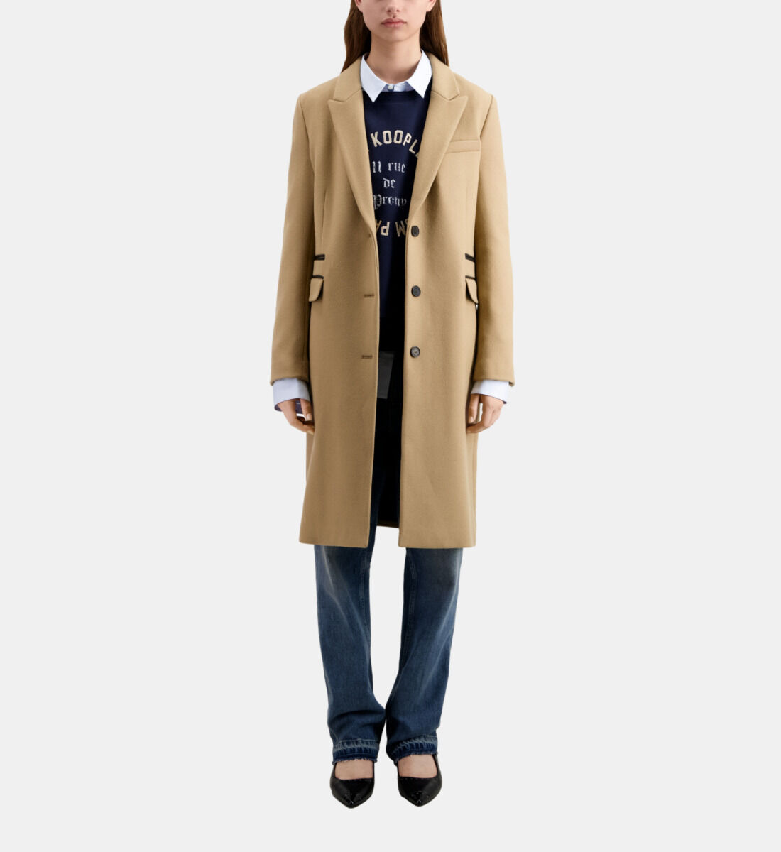 Long camel coat in wool blend | The Kooples - US