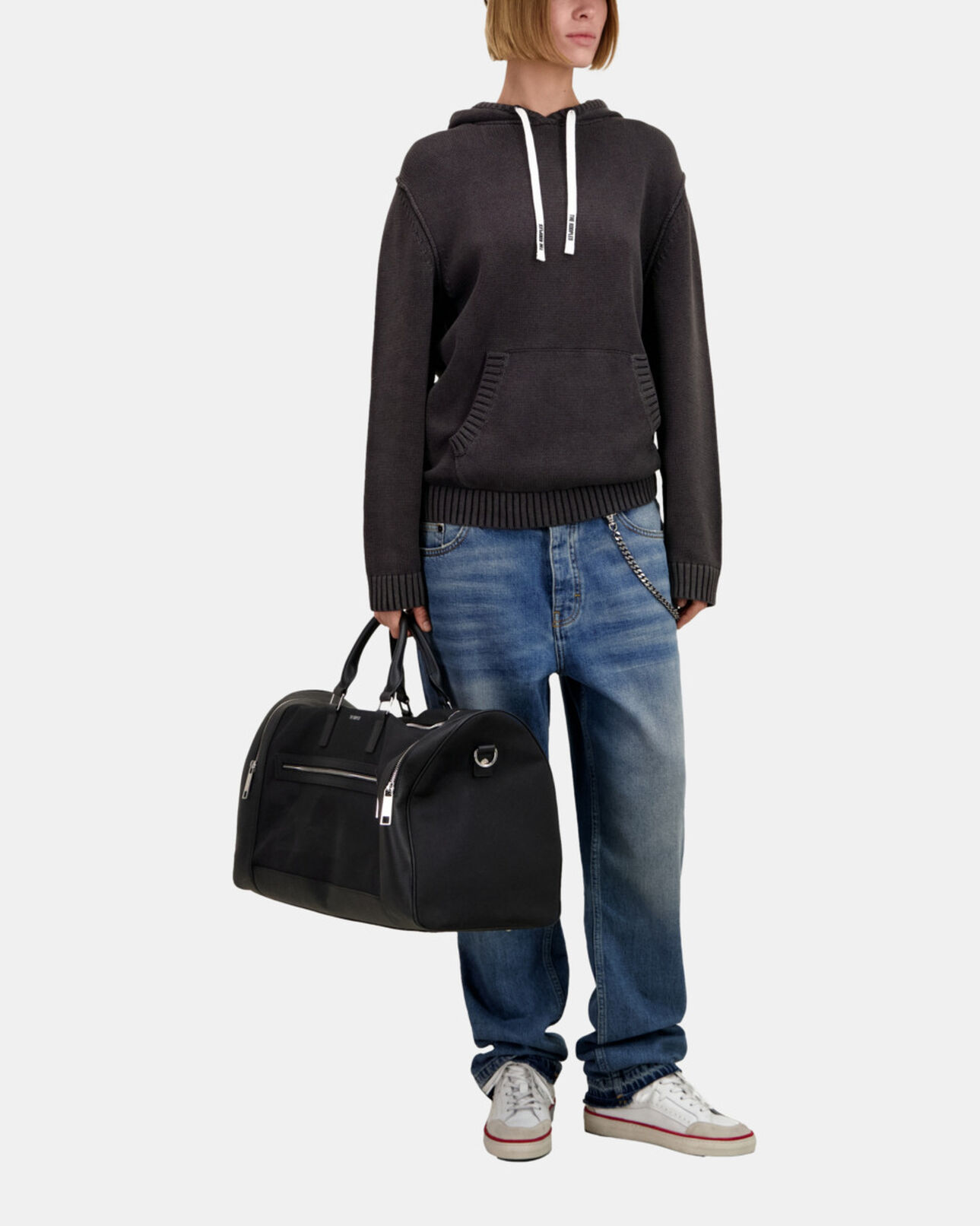 The Kooples WOMEN BLACK WASHED black cotton and wool hooded sweater