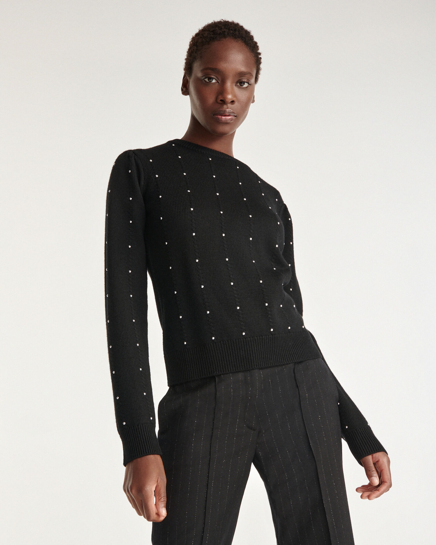Black sweater with gathering - stud detail, BLACK, hi-res image number null