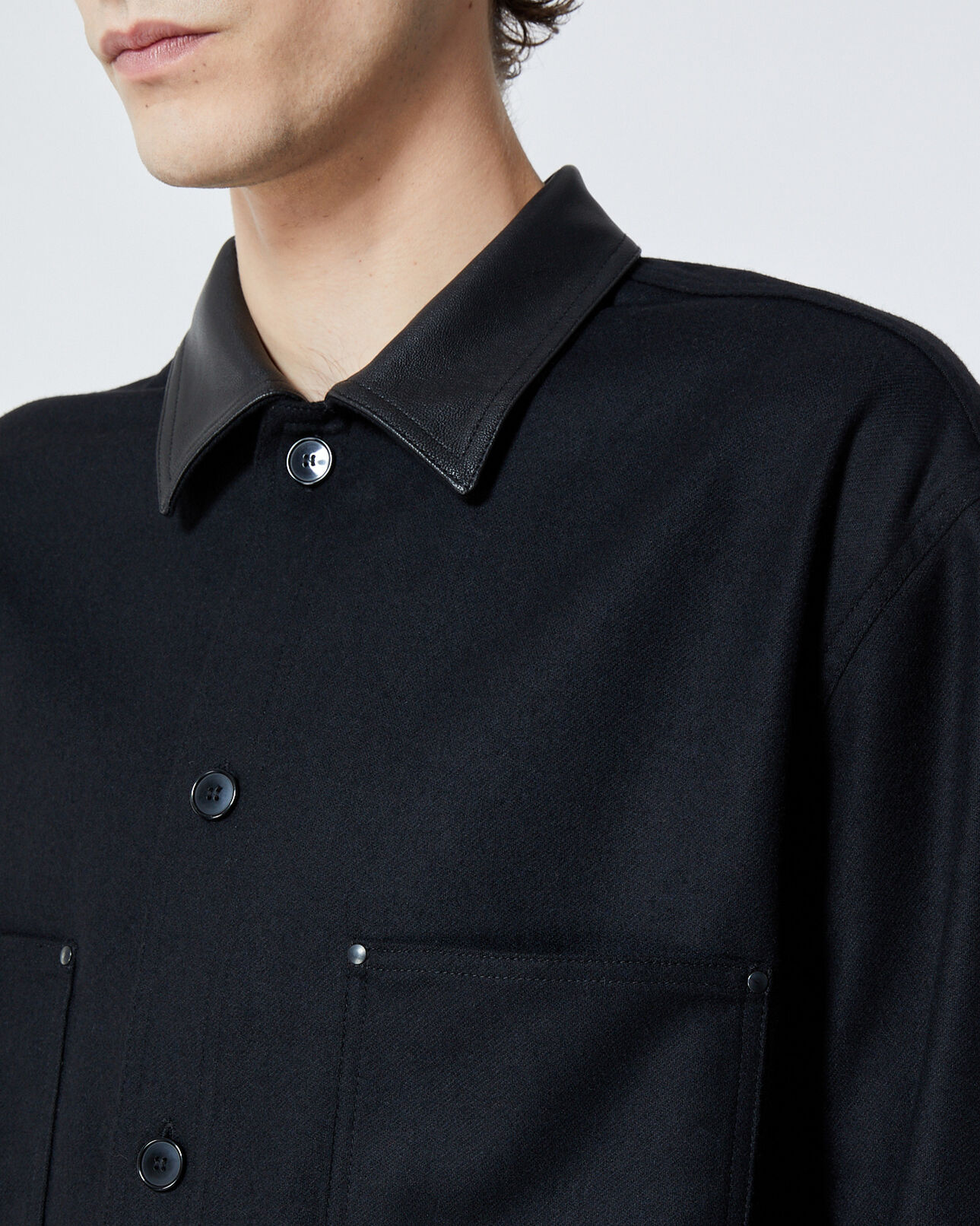 The Kooples MEN BLACK buttoned black wool shirt with leather collar