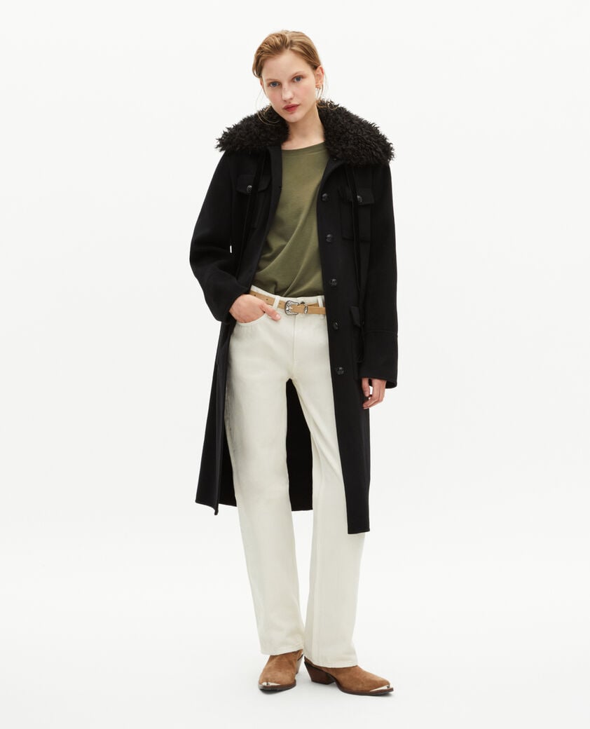 The Kooples FEMME BLACK manteau long en laine double face col sherpa noir