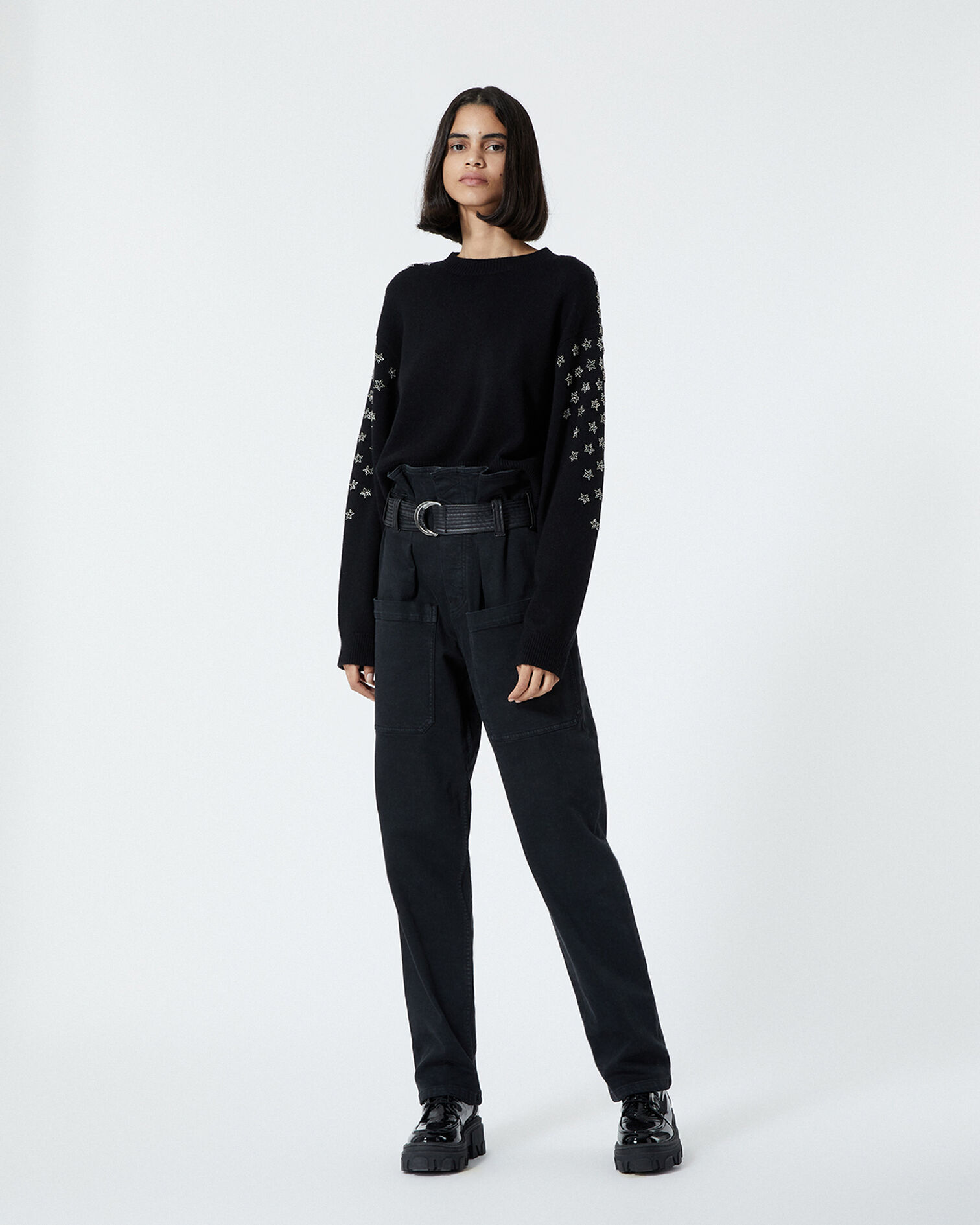 Black cashmere and wool sweater w/rhinestone, BLACK, hi-res image number null