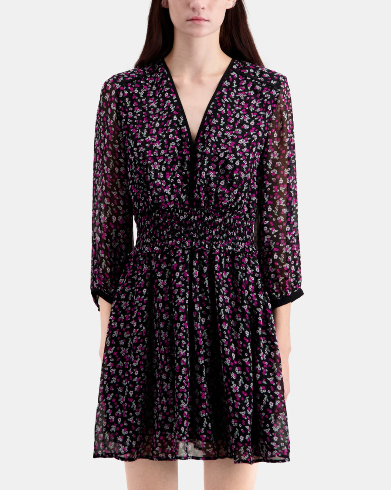 The Kooples FEMME BLACK / PINK robe courte imprimée avec smocks