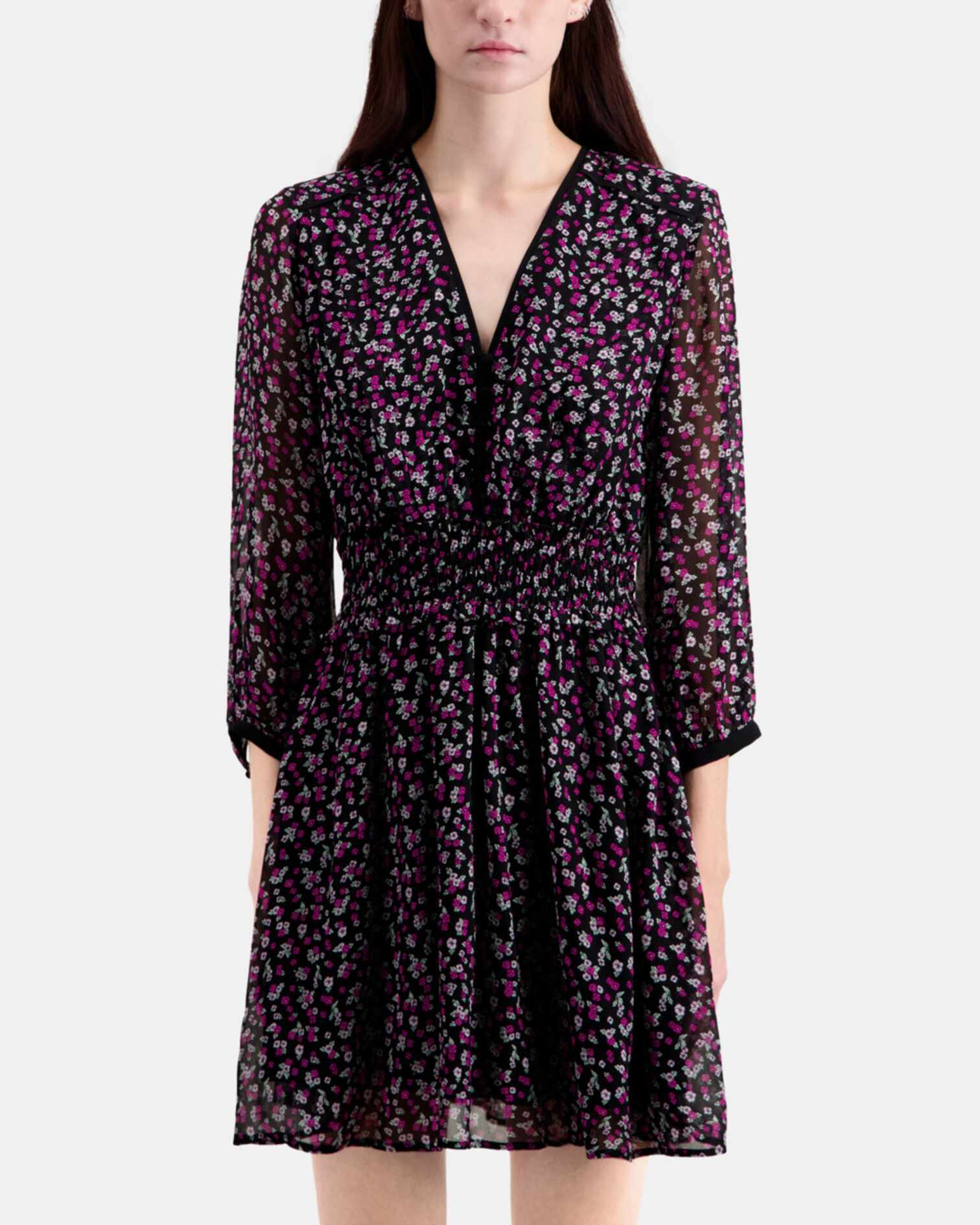 Robe courte imprimée avec smocks, BLACK / PINK, hi-res image number null