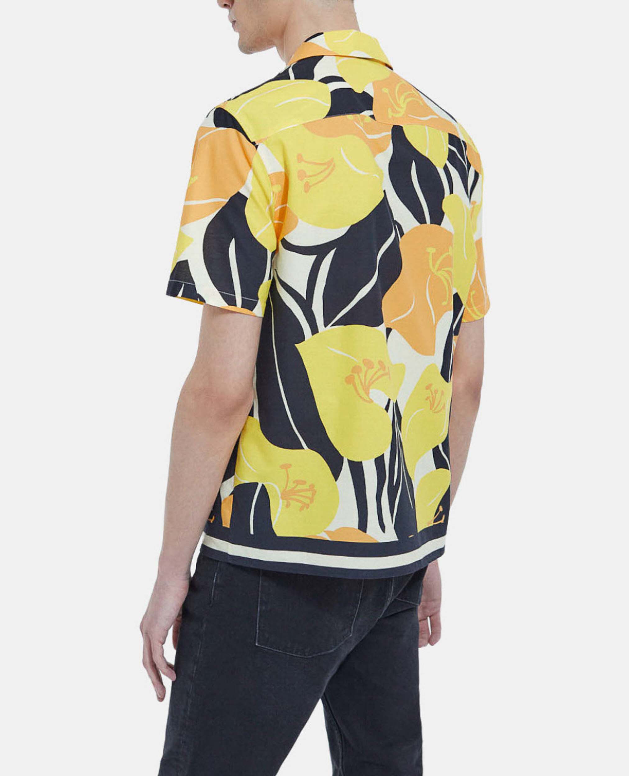 Yellow cotton shirt with hibiscus print, YELLOW BLACK, hi-res image number null
