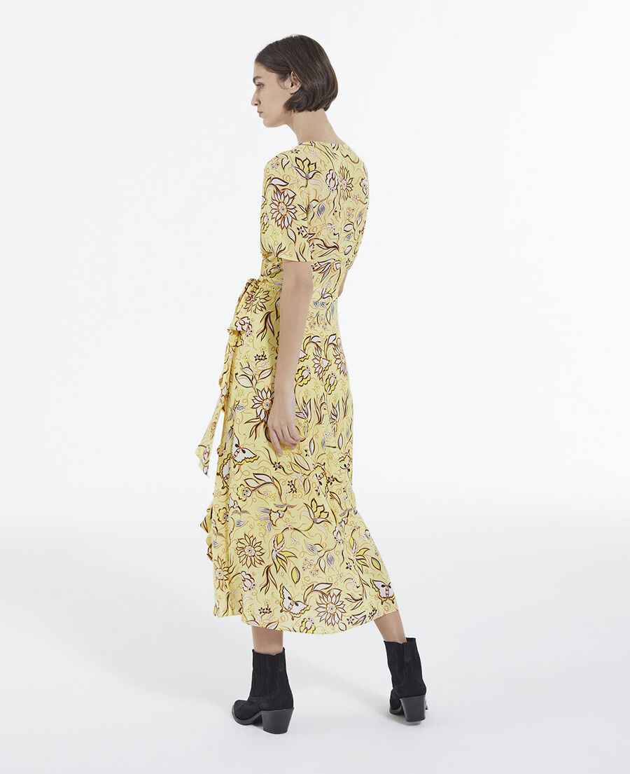 long yellow wrap dress with floral motif