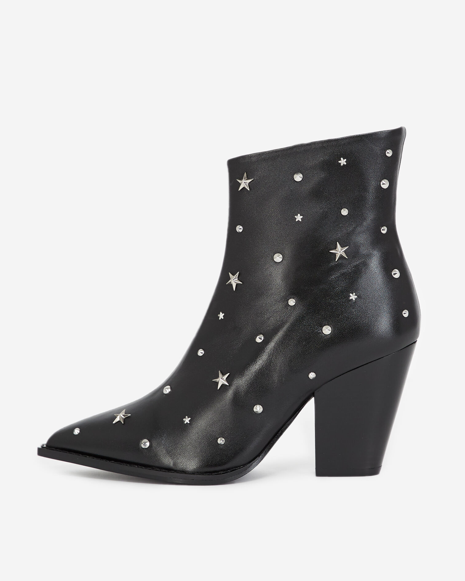 Heeled black ankle boots in leather w/studs, BLACK / SILVER, hi-res image number null