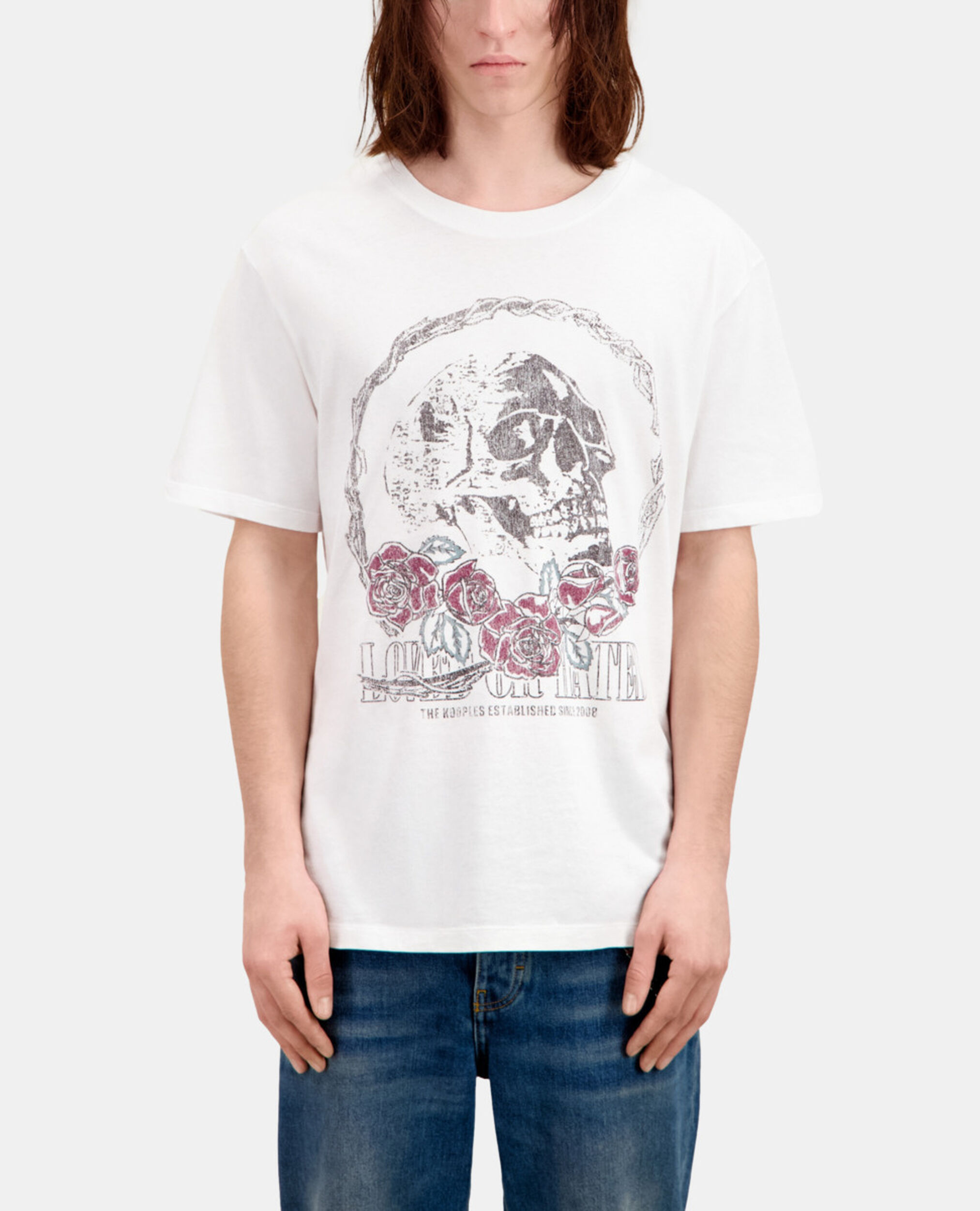 T-shirt blanc avec sérigraphie Vintage skull, WHITE, hi-res image number null