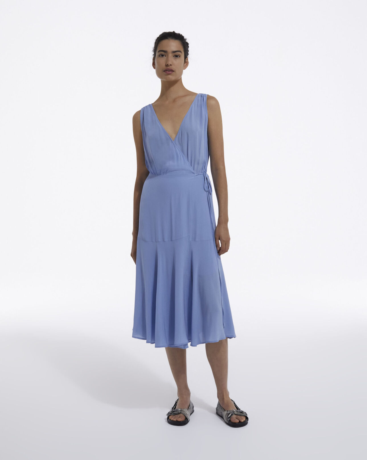 The Kooples WOMEN LIGHT BLUE sleeveless midi wrap dress