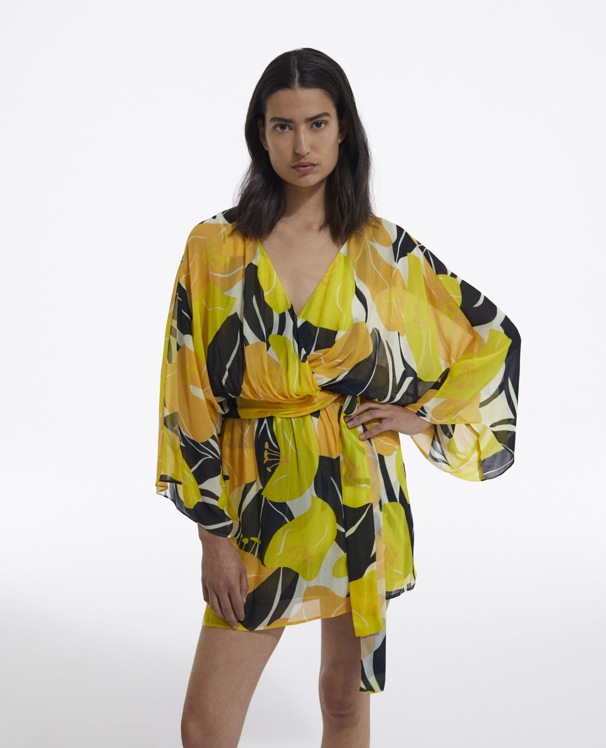 Light printed kimono dress with belt, YELLOW, hi-res image number null
