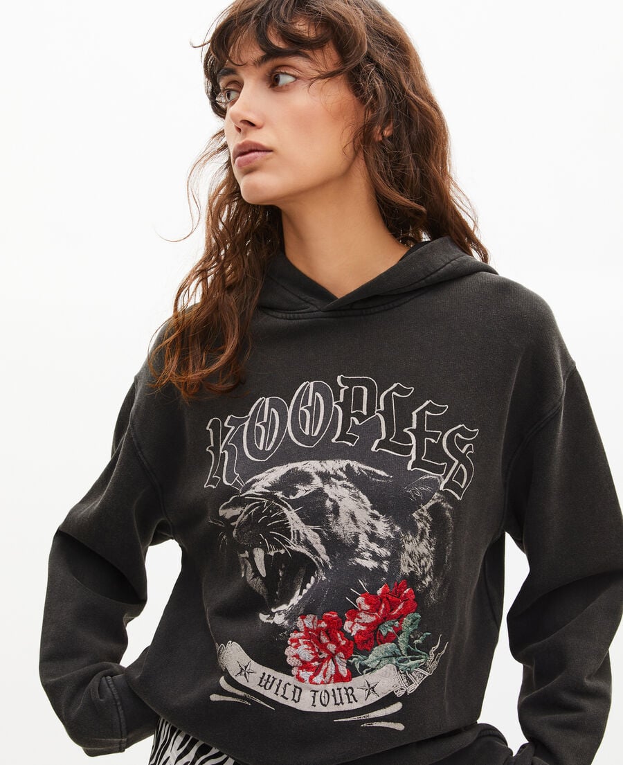 The Kooples WOMEN BLACK WASHED hooded sweatshirt with black screen print