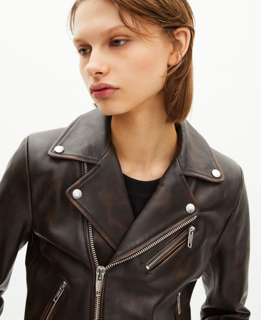 The Kooples FEMME BROWN blouson motard en cuir marron