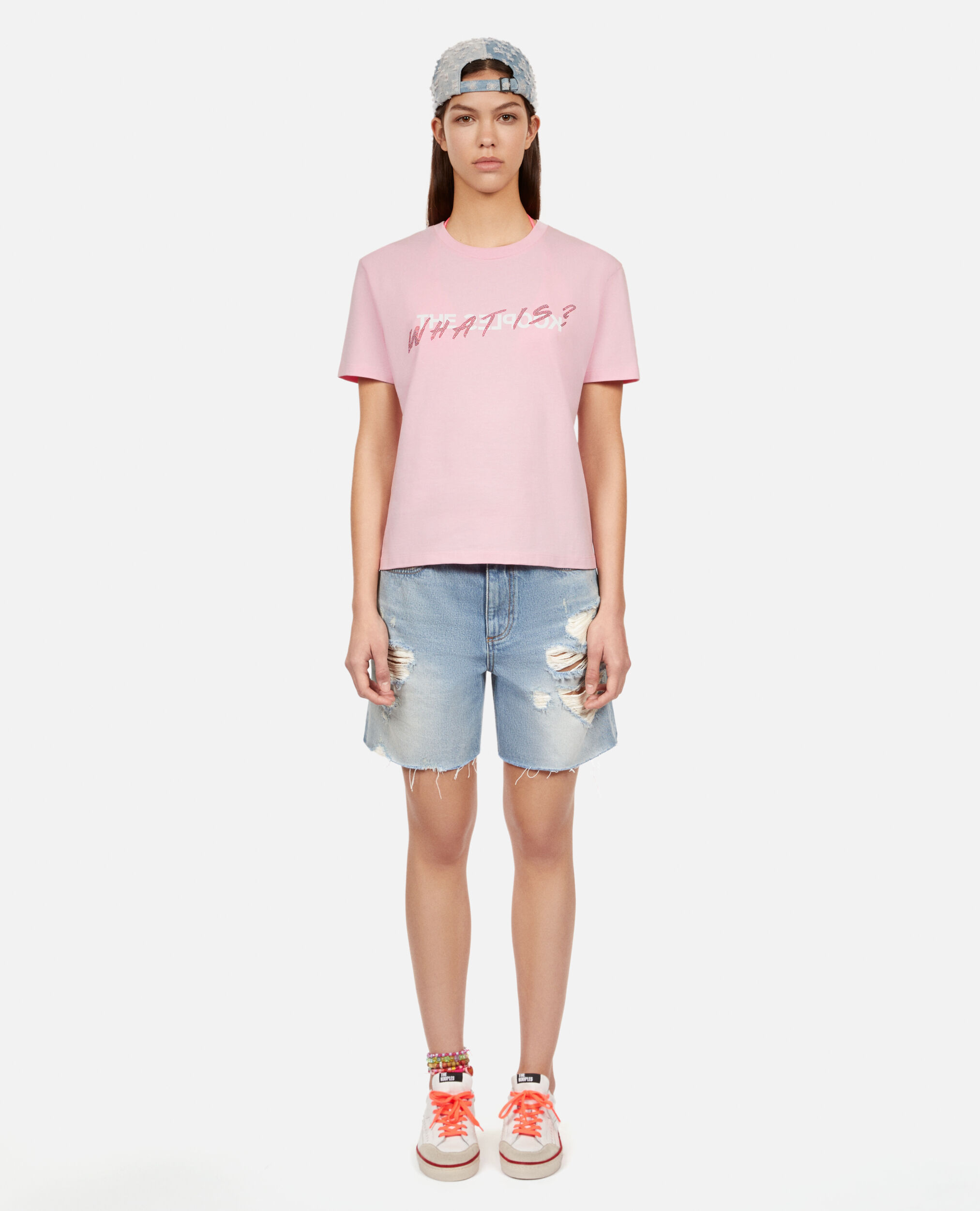 Rosa T-Shirt „What is“ mit Strassbesatz, POWDER PINK, hi-res image number null