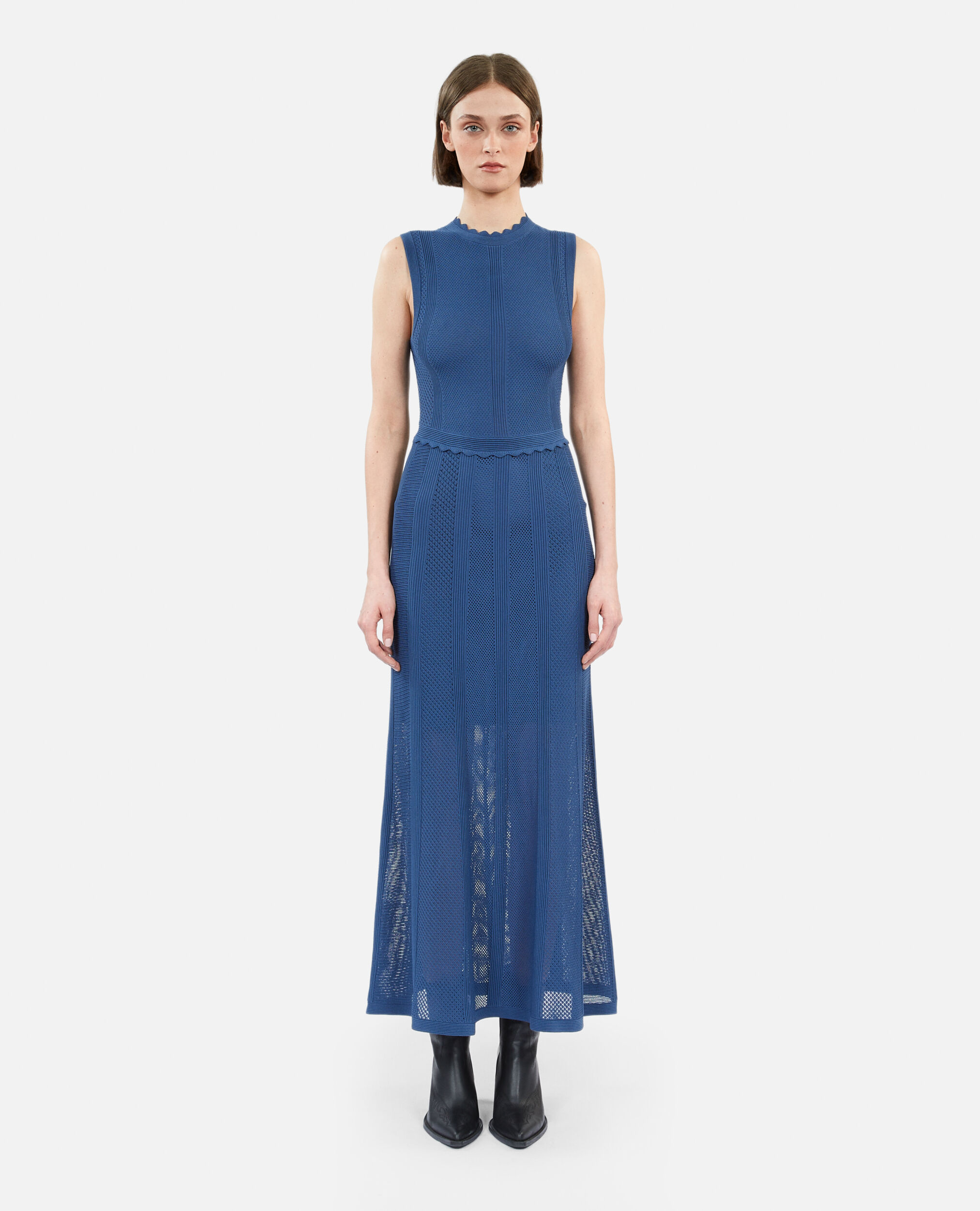 Long royal blue openwork knit dress, MIDDLE NAVY, hi-res image number null