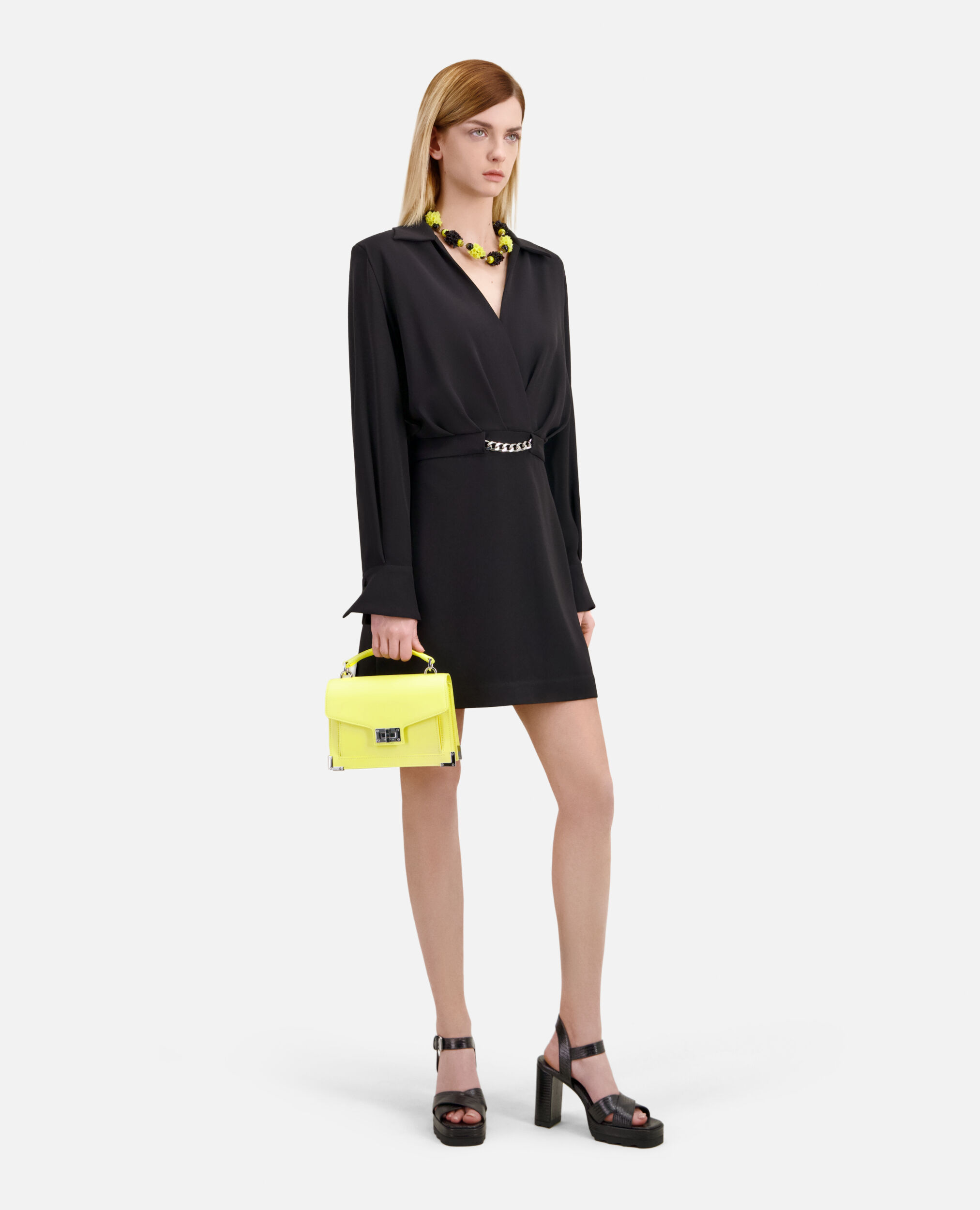 Short black crepe dress with chain, BLACK, hi-res image number null