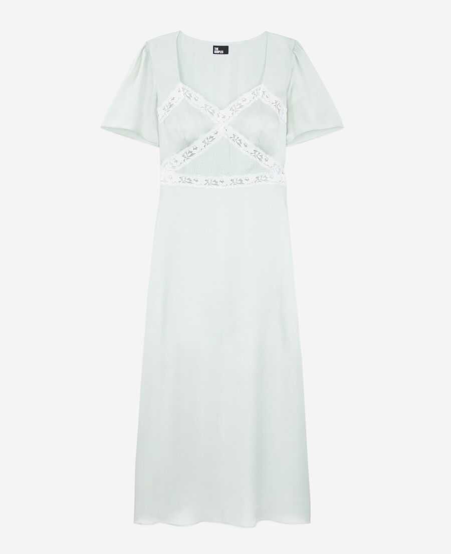 long light green dress with lace details