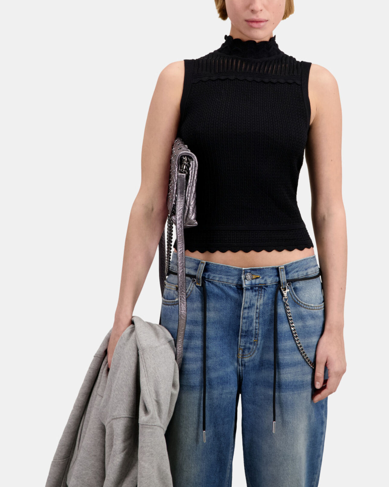 The Kooples WOMEN BLACK cropped black openwork knit sweater